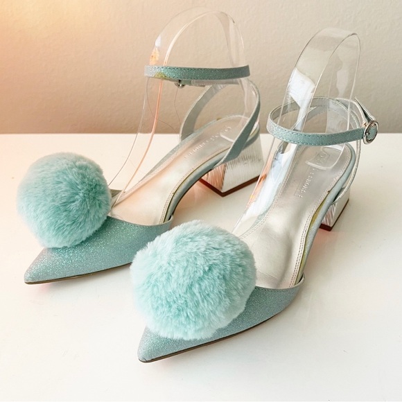 ASOS PomPom Heels Shoes 6 Blue Glitter - Picture 2 of 7